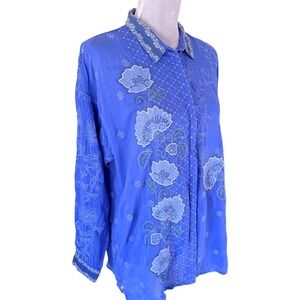 Johnny Was Blouse Women S Blue Floral Embroidered Eyelet Button Down Boho Top